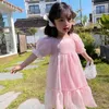 아이들의 생일 웨딩 드레스 소녀를위한 여름 새로운 한국 의류 3-7 년 귀여운 핑크 블루 프린세스 비치 드레스 여자 Vestidos Q0716