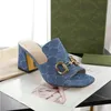 Sommer Schwarz Halb Slipper 100% Leder Metall US4-US11 Designer Strandschuhe Rindsleder Weiß Frauen Dicke Ferse Sandalen Schnalle Dame Brief Hallo Kaxq