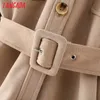 Tangada Women High Quality Suede Jacket Coat With Belt Ladies Long Sleeve Oversize Boy Friend Coat 6L7 210609