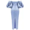 Frauen Sexy Satin Sky Blue Mid-kalb Party Kleid Elegante Lange Abend Club Prom Promi Bodycon Vestido 210527