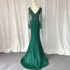 Green Prom Dresses 2022 Elastic Mermaid Long Dress Women Appliques Lace Formal Party Gown Long Sleeves V Neck Emerald Evening