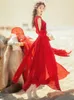 Винтажные платья на плече для женщины красные твердые элегантные праздничные путешествия Maxi платье женское полноту рукав высокая талия Vestidos 210603