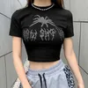 Punk Vintage Pająk Graficzne Czarne Koszulki Mall Goth Y2K O-Neck Krótki Rękaw Crop Topy E-Girl Eesthetics Tees 210623