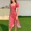 Zomer vrouwen bladerdeeg mouw jurk dame vintage partij bloemen print vierkante kraag kant split midi jurk wit vestidos 210715