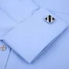 メンズドレスシャツフレンチカフブルーホワイト長袖ビジネスカジュアルシャツスリムフィットソリッドカラーフレンチカフスバスシャツ210628