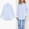 Za rippad ficka skjorta kvinnor plus storlek lös långärmad asymmetrisk topp kvinnlig mode sida ventiler lång himmel blå skjortor 210602