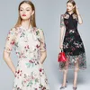 Summer Elegant Party Dress Women Flower Embroidery Mesh Female Bow Collar Short Sleeve Lace splice Vestidos 210529