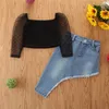 2021 Fashion Toddler Baby Kids Girl Clothes Set Black Polka Dot Lace Sleeve Crop Top + Oregelbundna Long Denim Skirt Outfits Set 2pcs