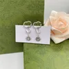 Stylowy Silver Podwójny List Kolczyki Charm Love Clear Diamond Studs Kwiat Kryształ Wisiorek Earldrop z Pudełko