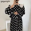 Винтаж Polk Dot Women Maxi Party платье с длинным рукавом весна осень леди свободные платья прямые оборки мода Vestidos 210601