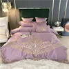 Ensembles de literie bleu luxe exquis or Royal broderie 60S Satin soie lit taies d'oreiller housse de lin ajustée coton housse de couette ensemble