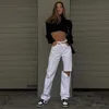 Jeans femininos White rasgou mulheres na cintura alta perna reta streetwear vintage calça jea