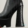 ブーツPUレザー女性足首スーパースクエアハイヒール15cmショートファッションジッパーレディース秋冬靴ブラック