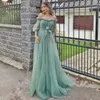 Turquoise Polka Dot Prom Dresses A Line Bateau Neck Off Shoulder Long Sleeve Bow Ruffles Tulle Backless Floor Length Evening Gowns