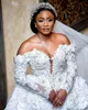 Plus Size African Mermaid Wedding Dresses with Detachable Train Arabic Aso Ebi Beaded Floral Ruffles Long Sleeve Bridal Gowns