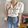 Korejpaa Women Shirt Summer Korean Chic All-Match Design Round Neck Trim Contrast Button Double Pocket Puff Sleeve Blouses 210526