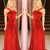 Veet Evening Red Dresses A Line 2021 With Straps Custom Made Sweep Train Ruched Pleats Plus Size Celebrity Party Gown Formal Ocn Wear
