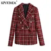 KPYTOMOA Femmes Femmes Double Tweed Tweed Vérifiez Blazer Manteau Vintage manches longues Coupes effilotées Femme Vêtements d'extérieur Chic Tops 210930