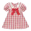 Summer Girls 'Dress 2021 Skolstudent Stil Puff Sleeve Plaid Lapel Sweet Princess Dress Baby Barn Barnkläder för GIR Q0716