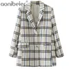 Blazer a traliccio a righe da donna Cappotto femminile a maniche lunghe Cappotto con collo autunnale dentellato Giacca da donna da ufficio Outwear 210604