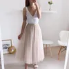 Faldas de tul Mujeres Malla Elástica Tutu Falda Primavera Verano Coreano Cintura alta Kpop Moda Plisada Falda larga Negro / Caqui 210306