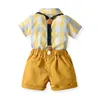 et Top Bébé Garçon Gentleman Ensemble Enfant À Manches Courtes À Carreaux Noeud Papillon Chemise + Bretelles Shorts Formelle Nouveau-Né Garçons Vêtements 210309