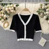 Dat Dames Gebreide Hit Kleur Stitching Breasted Sweater Cardigan Korte Mouw V-hals Slanke Mode Lente Zomer 11B750 210709