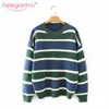 Aelegantmis Striped Knitted Sweater Women Vintage Soft Casual O Neck Wram Pullovers Cozy Elegant Loose Jumper Korean Chic Female 210607