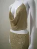 Jupes Jupe de plage Bar Night Club Chaîne en métal Paillettes Femmes Strass Or Deux pièces Top + Jupe Halter Tops Discothèque Party Robe