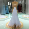 2022 Luxe Gouden Applicaties Trouwjurk Chiffon Mermaid Stijl Hoge Hals Korte Mouw Beaded Bridal Party Jurken Bride Vestidos de Fetia