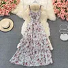 Femmes Robe florale été Boho feuille de Lotus volants robes en mousseline de soie élégantes dames Vintage col carré plage longue Robe 210525