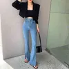 Jeans bootleg divisi alla moda per donna pantaloni in denim coreano elastici a vita alta pantaloni larghi femminili slim fondo blu 210809
