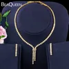 Beaqueen Beaqueen Luxury Gold Color Micro Pavimentato Zirconia Cubic Zirconia Lungo pendente Collana e orecchini Bridal Wedding Jewelry Set JS237 H1022