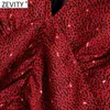 Zevity Mujeres Sexy Cuello en V Profundo Estampado de leopardo Plisado Rojo Mini Vestido Mujer Puff Manga Volver Cremallera Casual Delgado Vestido DS4631 210603