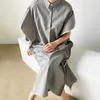 Korejpaa Women Dress Summer Korean Chic Minimalist French Lapel Three-Button Trim Stitching Design Loose Casual Vestidos 210526