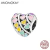 Anomokay 100% Sterling 925 Silver Mix Style Rainbow Heart Spring Serie Charms Pärlor Passa Pandora Bracelet DIY Bracelet Present Q0531