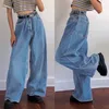 Koreańskie dżinsowe dżinsowe buty rozcięte szerokie nogi dżinsy mody luźne długość streetwearii żeńskie spodnie swobodne solid 220216