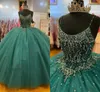 2022 Bling Hunter Verde Quinceanera Vestidos Espaguete Correias Beading Crystal Aberto Back Sparkly Tule Doce 16 Vestido Prom Formal Graduation Dress