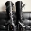 Rontic Handmade Mulheres Plataforma de Inverno Botas Joelho Lace Up Sexy Stiletto Saltos Redondos Toe Toe Black Club Sapatos Unisex Mais Tamanho 5-20