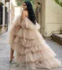 2022 Sexy Ruffles Champagne Tulle Kimono Women Prom Dresses Robe for Photoshoot Puffy Strapless High Low Evening Gowns African Maternity Dress Photography