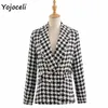 YojoCeli осень зима пледа Tweed Blazer Part элегантная грудящая верхняя одежда Coats Streetwear 210609