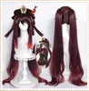 43 cali 110 cm Długi Brązowy Cosplay Hu Tao Peruka z Ponytails Gensshin Impact Hutao Włosy Włosy Syntetyczne + Czapka Y0913