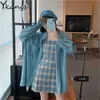 Sommer Blau 2 stücke Set Vintage Plaid Sling Mini Kleid + Hemd Einreiher Tasche Sonnencreme BF Übergroßer Langmantel Frauen Anzug 210619