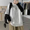 Höst Vår Fashion Oversized Fake Two Pieces Black Grey Tshirt Mäns Långärmad Casual O Neckt-shirt för Man Top Tees 210629