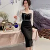 Kobiety Wiosna Vintage Dress Square Collar Elegancki wieczór Party Mid-Calf Butterfly Rękaw Sukienki Długi Rękaw Czarny Vestidos 210625