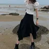 Last svart punk hög midja streetwear gotisk oregelbunden delad lös midi kjol koreanska kvinnor harajuku svart grå veckad kjol 210619