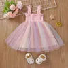 FocusNorm 0-5y Summer Princess Baby Girls Dress Rainbow Tryckt Lace Patchwork Ärmlös Tutu Sundress Q0716