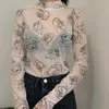 Yedinas Vintage Flower Print Mesh Tshirts Kvinnor Genomskinlig Turtleneck Långärmad T-shirt Sexig See Through Designer Tops Korean 210527