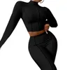 Femmes tricotées survêtements automne col roulé couture haut court taille haute pantalon mince Sport 2 pièces tenues de yoga costume de jogging S-XXL