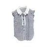 Sommar pläd blus för barn tjejer ärmlös vit svart toppar bomull barn kläder tonåring nedbrytning krage skjortor 210622